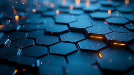 Obraz premium Futuristic tessellation of hexagonal shapes, glowing edges, sleek metallic surfaces, with a cool blue and silver color palette