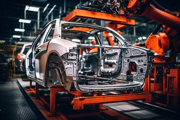 Fototapeta premium Automated assembly line showcasing car frame production in a modern factory setting