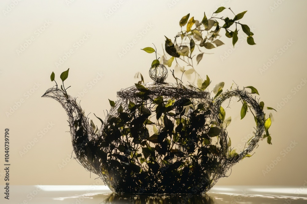 Poster a teapot silhouette evolves into delicate tea leaves, showcasing an artistic blend of form and natur