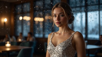 beautiful blonde woman in evening dress made of lace and sequins resembling snowflakes in cozy beautiful restaurant on new year, christmas atmosphere, falling snow
