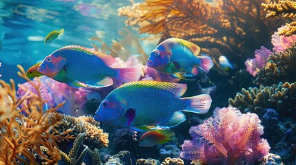 A school of vibrant parrotfish feeding on algae-covered corals, showcasing the symbiotic relationships within the reef ecosystem