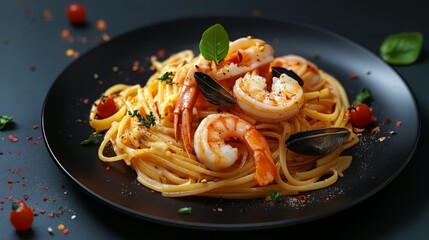 Exquisite gourmet seafood pasta on elegant dark plate. Dark plate with italian foods. Ultra realistic. Photorealistic