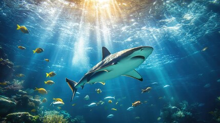 Fototapeta premium Majestic Shark Swimming in Vibrant Coral Reef