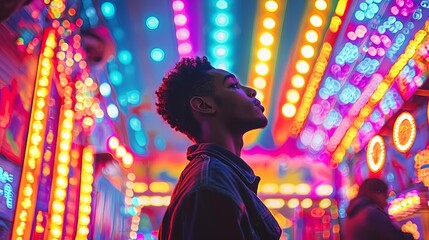 Extrovert Energetic A figure at a carnival, surrounded by bright lights and excitement, extroverted energy, neon tones, isolated on white background