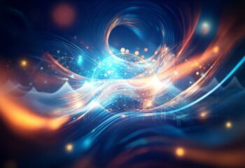 Fototapeta premium Abstract swirling digital art with blue and orange hues, showcasing a dark background with bright bokeh effects.