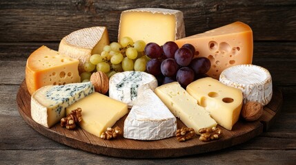 Assorted Cheeses on Wooden Board with Grapes and Nuts