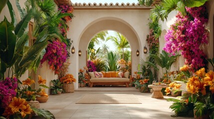 Lush courtyard adorned with vibrant flowers and greenery.