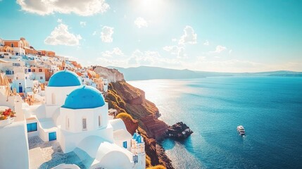 Naklejka premium Scenic Santorini View with Blue Domes and Sea