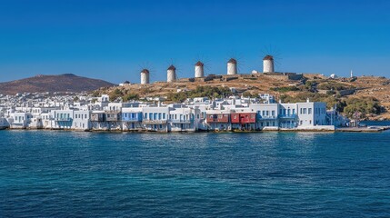 Obraz premium Scenic View of Traditional Greek Windmills and Houses