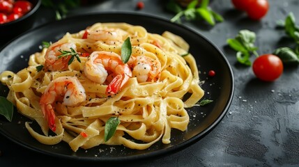 Fettuccine with shrimp on a dark plate. Dark plate with italian foods. Ultra realistic. Photorealistic