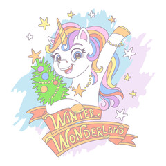 Card with Cute Cartoon Unicorn and Christmas tree vector