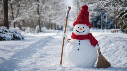 Fototapeta premium snowman with scarf and hat in snowy park.