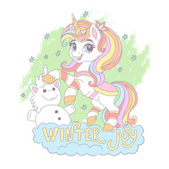 Christmas card with Cute Cartoon Unicorn and snowman vector