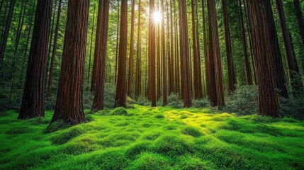 Obraz premium Sunlight Shining Through Lush Forest Canopy