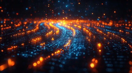 Obraz premium Abstract glowing waves of orange and blue lights in a digital space.