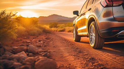 A stylish SUV on a dirt road at sunset in a serene desert landscape
