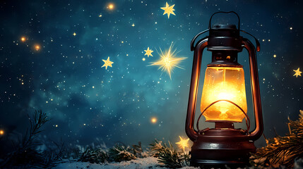 Charming Holiday Atmosphere with a Vintage Christmas Lamp, Sparkling Snowflakes, and a Bright Shooting Star in a Festive Night Sky