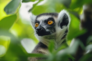 Obraz premium A Close-up of a Lemur’s Bright Eyes and Striped Tail, Set in the Lush Green Foliage of a Madagascar Forest