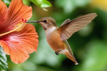 Fototapeta premium A Colorful Hummingbird in Flight, Sipping Nectar From a Bright Red Hibiscus Flower in a Tropical Garden