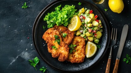 Delicious Fried Fish with Fresh Salad and Lemon Slices