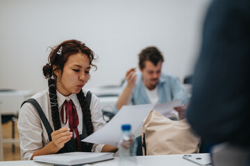 Students actively participate in a classroom session as a professor provides assistance. The scene captures a collaborative learning environment emphasizing individualized support and engagement in