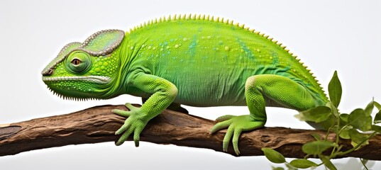 Fototapeta premium Vibrant green chameleon perched on a branch in a lush environment during daylight hours