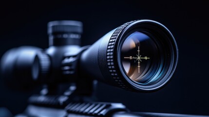 Close-up of a rifle scope with crosshairs in focus against a dark background.