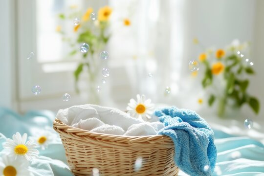 A cozy basket of clean laundry surrounded by soap bubbles in a bright, airy interior for spring cleaning inspiration