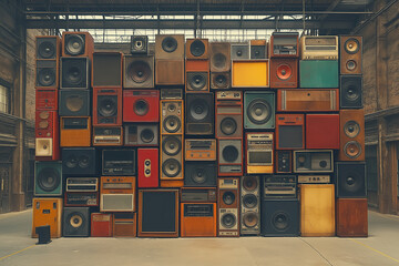 Obraz premium technical equipment, large stack of vintage speakers in different sizes ans styles, warehouse party, retro sound system, boxes, loudspeakers, rave, techno, goa, trance, edm, photorealistic