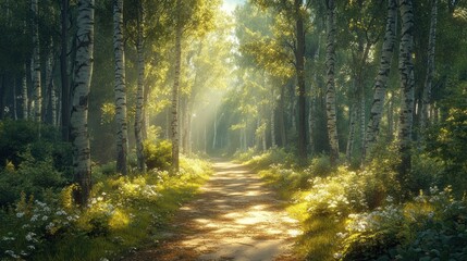 Fototapeta premium Sunlit forest path with greenery and flowers.