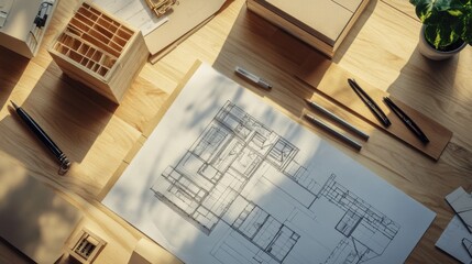 Fototapeta premium Architectural plans and models on a wooden desk.