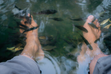 A person is doing fish therapy on his feet