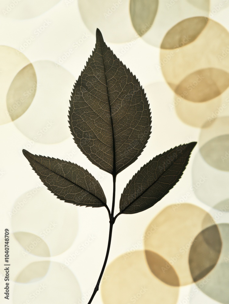 Poster A delicate silhouette of a tea leaf stands out against a blurred backdrop of soft, earthy circles, creating a peaceful atmosphere. Generative AI