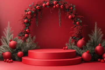 A red stage with a red arch and red trees