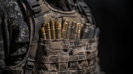Closeup of a soldier's tactical vest with ammunition.