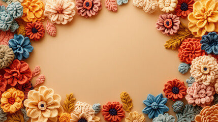 Colorful Crochet Flowers on Beige Background. Copy Space.