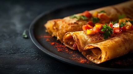 Masala dosa with garnish on a plate dark background. Dark plate with italian foods. Ultra realistic. Photorealistic