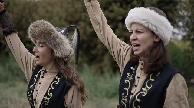 Woman Warriors Lifting Their Swords and Telling for Their Battle
