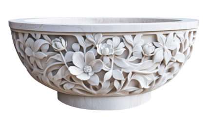 Decorative stone bowl with intricate flower carvings, white background.