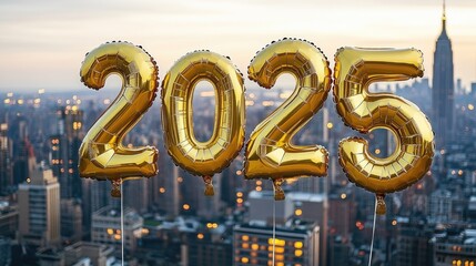 Golden 2025 Balloons Floating Above City Skyline with Iconic Skyscrapers in the Background at Sunset