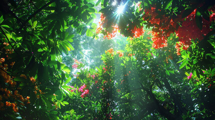 A lush green forest with a variety of colorful flowers
