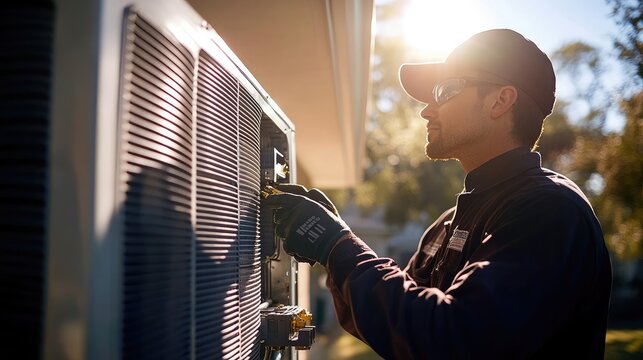 Technician Adjusting Outdoor Air Conditioning Unit in Sunlit Backyard During Routine Maintenance on a Warm Summer Day