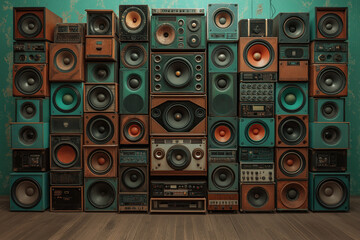 technical equipment, wall full of different retro and vintage speakers, indoor music wall, teal, sound system, boxes, loudspeakers, rave, techno, goa, trance, edm, photorealistic