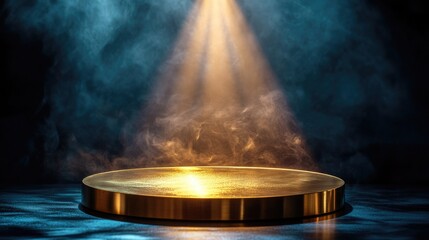 Obraz premium Golden Spotlight on Empty Stage with Dramatic Smoke and Shadows in a Dark Atmospheric Setting