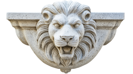 Lion head sculpture, stone detail on a white isolate background
