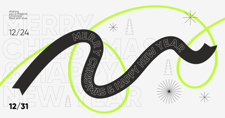 Modern geometric holiday poster featuring bold typography and a ribbon design for Christmas and New Year 2025. Minimalist black, white, and neon green elements on a clean layout.