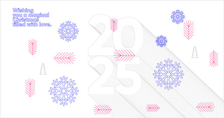 Minimalist geometric poster for Christmas and New Year 2025 with bold typography, snowflakes, and abstract festive patterns. Features blue and pink accents on a clean white background.