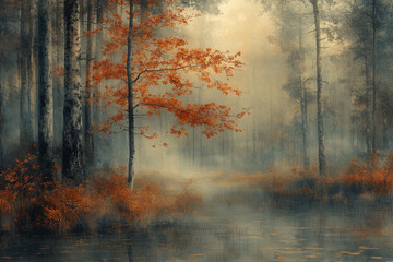 Obraz premium A painting of a forest with a tree in the foreground
