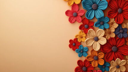 Naklejka premium Colorful Crochet Flowers on Beige Background. Copy Space.