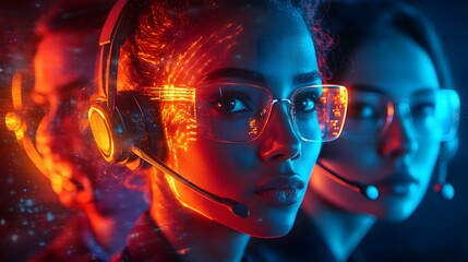 Dynamic call center team in a close-up overhead shot, vibrant neon colors and abstract waves in the background, headsets glowing, focused expressions, Futuristic, Digital Art
